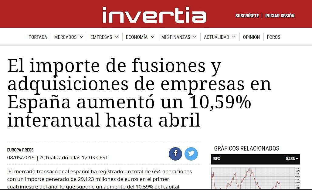 El importe de fusiones y adquisiciones de empresas en Espaa aument un 10,59% interanual hasta abril